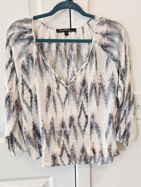 Love Stitch Cream Blouse with Gray & Taupe Ikat Print